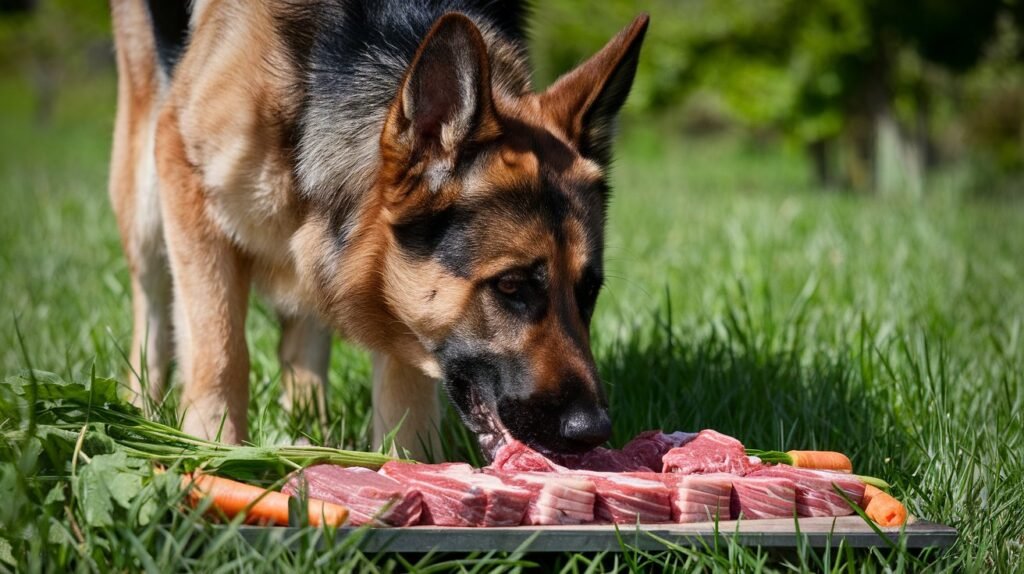 german shepherd dog eating a meal