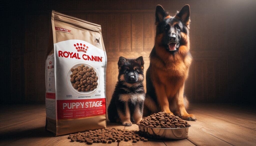 German Shepherd eating a bowl of premium dry kibble, illustrating the best food choices for the breed