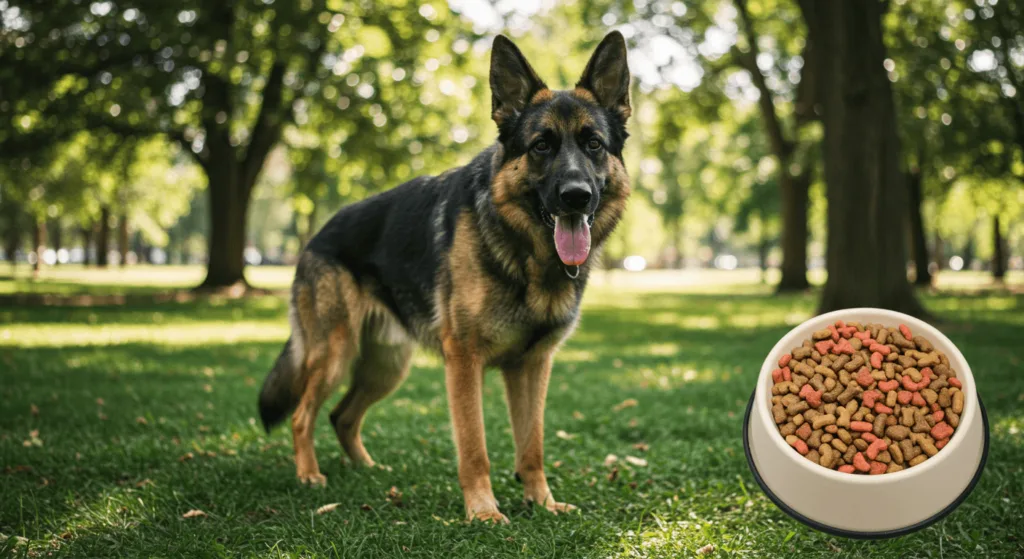 Healthy German Shepherd enjoying premium dog food for optimal energy and vitality