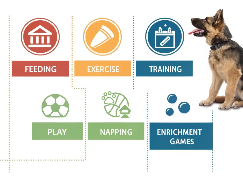 7 Proven Steps to Solve German Shepherd Puppy Biting (Fast!) 2 prompt infographic of a daily schedule for a ger