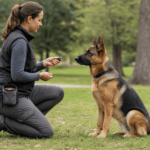 Professional dog trainer using positive reinforcement with a German Shepherd in a park.