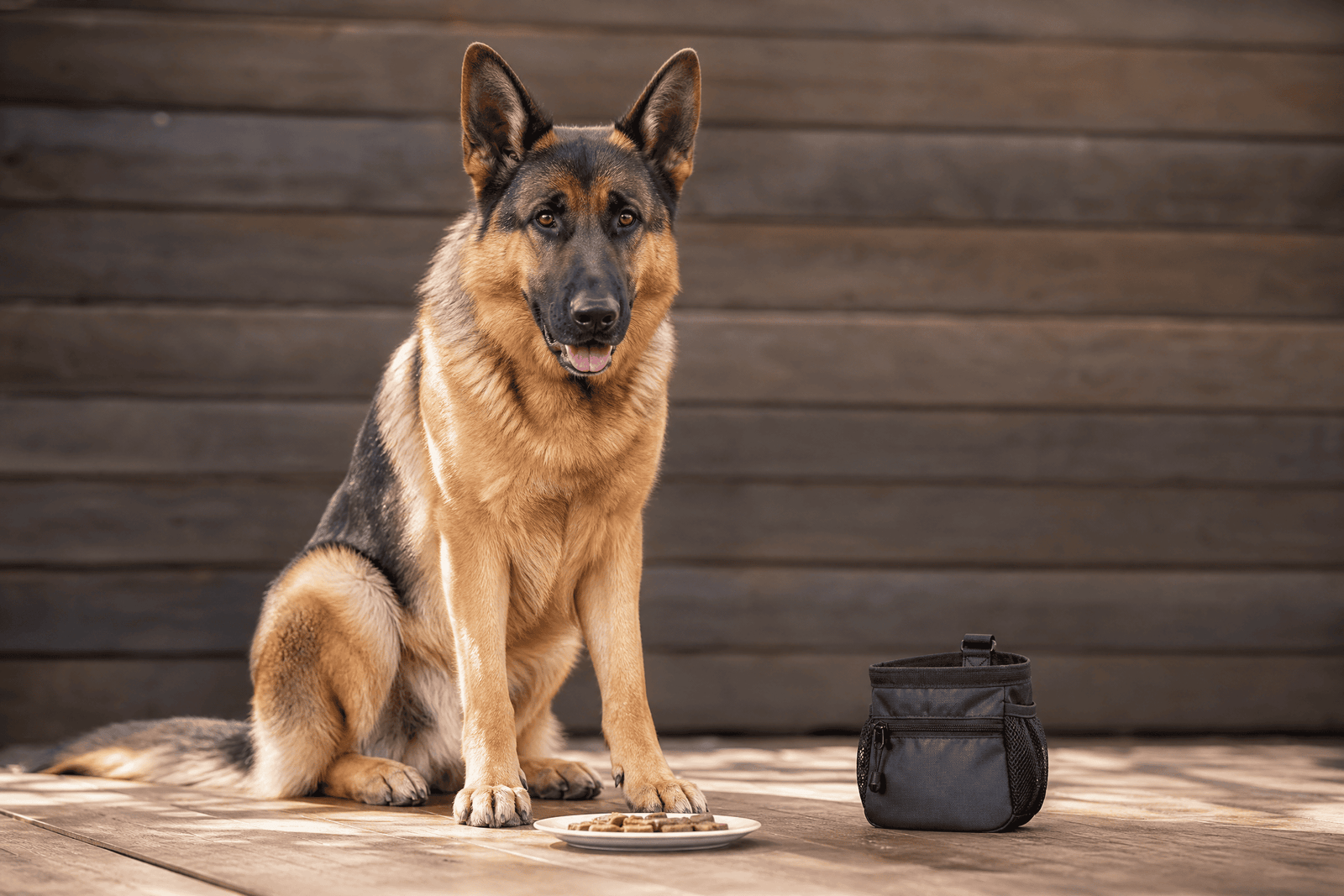 German Shepherd sitting calmly beside training treats and a reward pouch