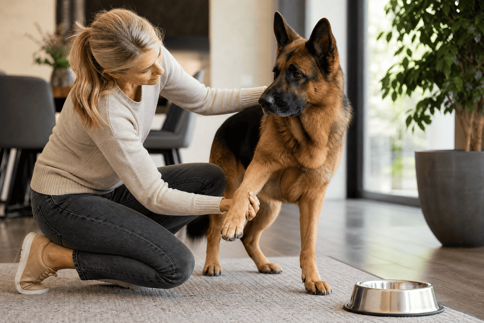 Owner checking a German Shepherd during a responsible daily care routine