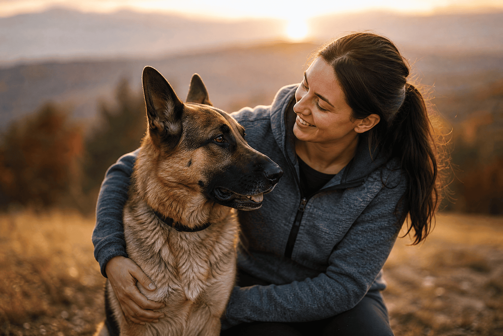 German Shepherd sharing a warm moment with a family member at sunset