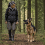 German Shepherd walking calmly with a handler on a forest trail