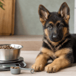 German Shepherd puppy beside a measured food bowl and kitchen scale