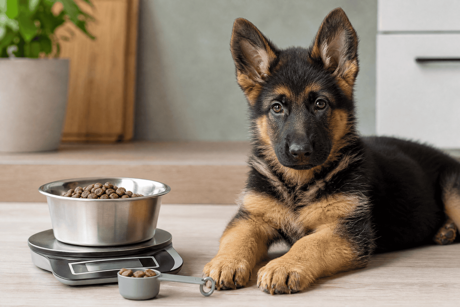 German Shepherd puppy beside a measured food bowl and kitchen scale