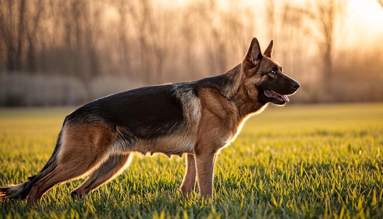 How Much to Feed a German Shepherd Puppy? The Complete Feeding Guide (2026) 3 Healthy adult German Shepherd with a visible waist and lean body condition, standing in a field