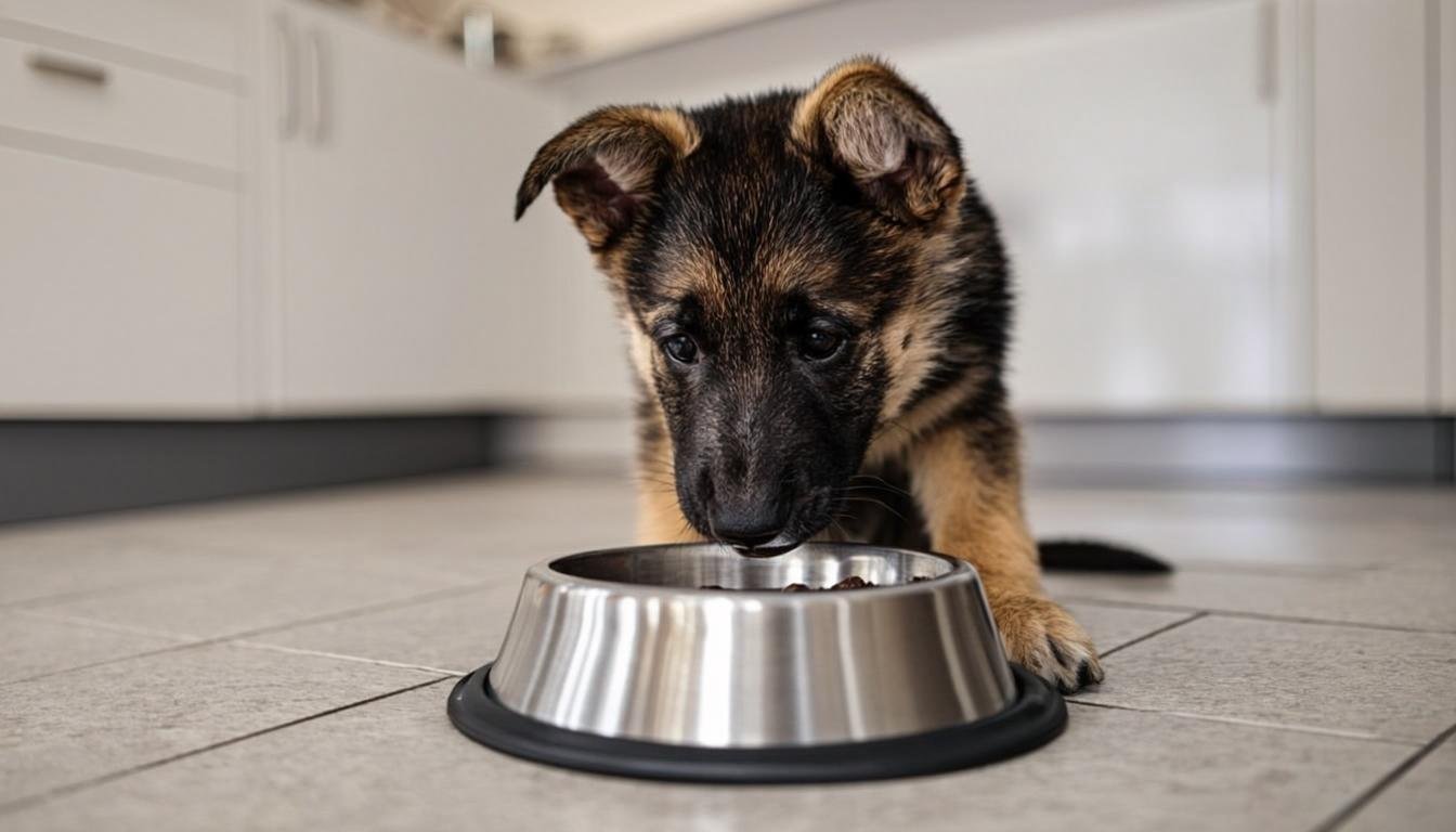 How Much to Feed a German Shepherd Puppy? The Complete Feeding Guide (2026) 1 German Shepherd puppy eating dry kibble from a stainless steel bowl