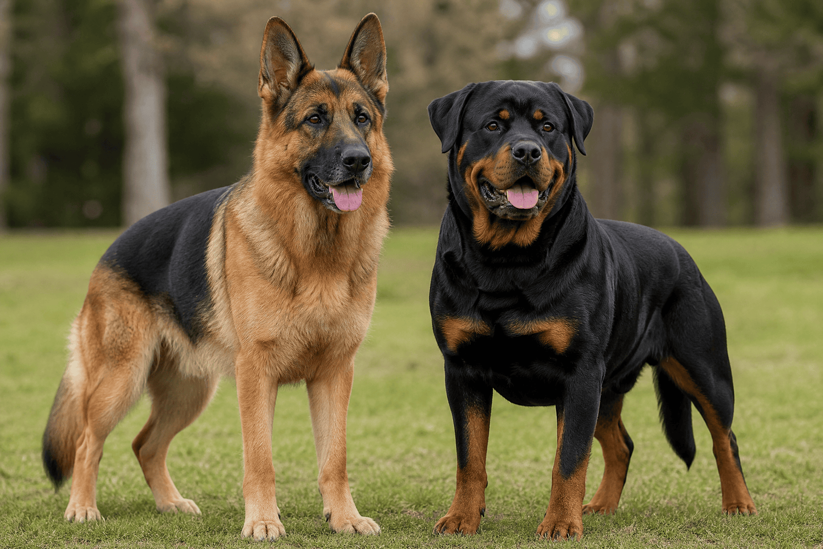 German Shepherd and Rottweiler standing calmly side by side
