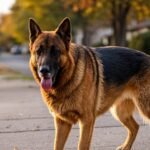 Senior German Shepherd walking on a sidewalk with hind paws scuffing, an early sign of german shepherd degenerative myelopathy