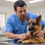 Veterinarian examining a German Shepherd's front leg for german shepherd elbow dysplasia