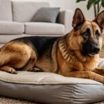 German Shepherd resting on a thick orthopedic memory foam bed, an example of the best dog bed for German Shepherds