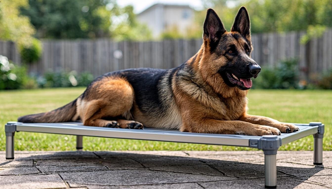 German Shepherd relaxing on an elevated aluminum cot bed, the best dog bed for German Shepherds who chew or overheat