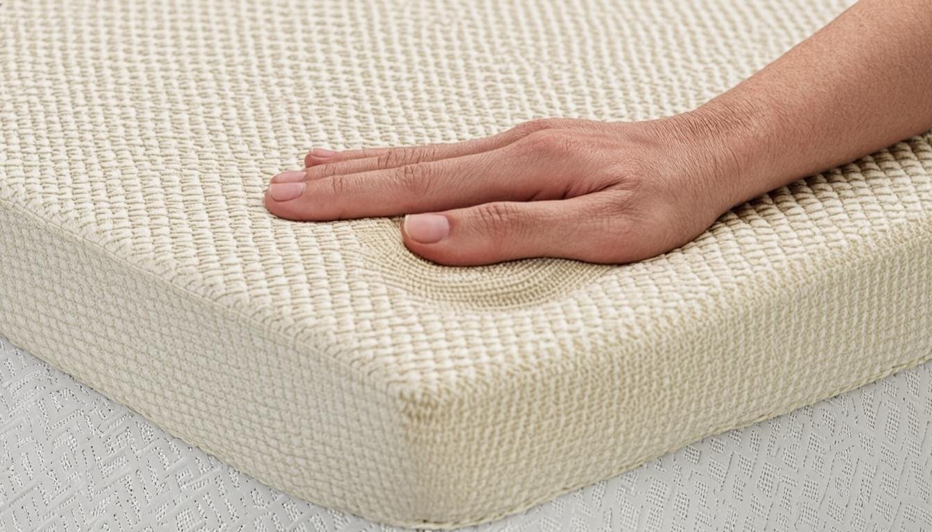Cross-section of dense orthopedic memory foam recovering slowly under hand pressure