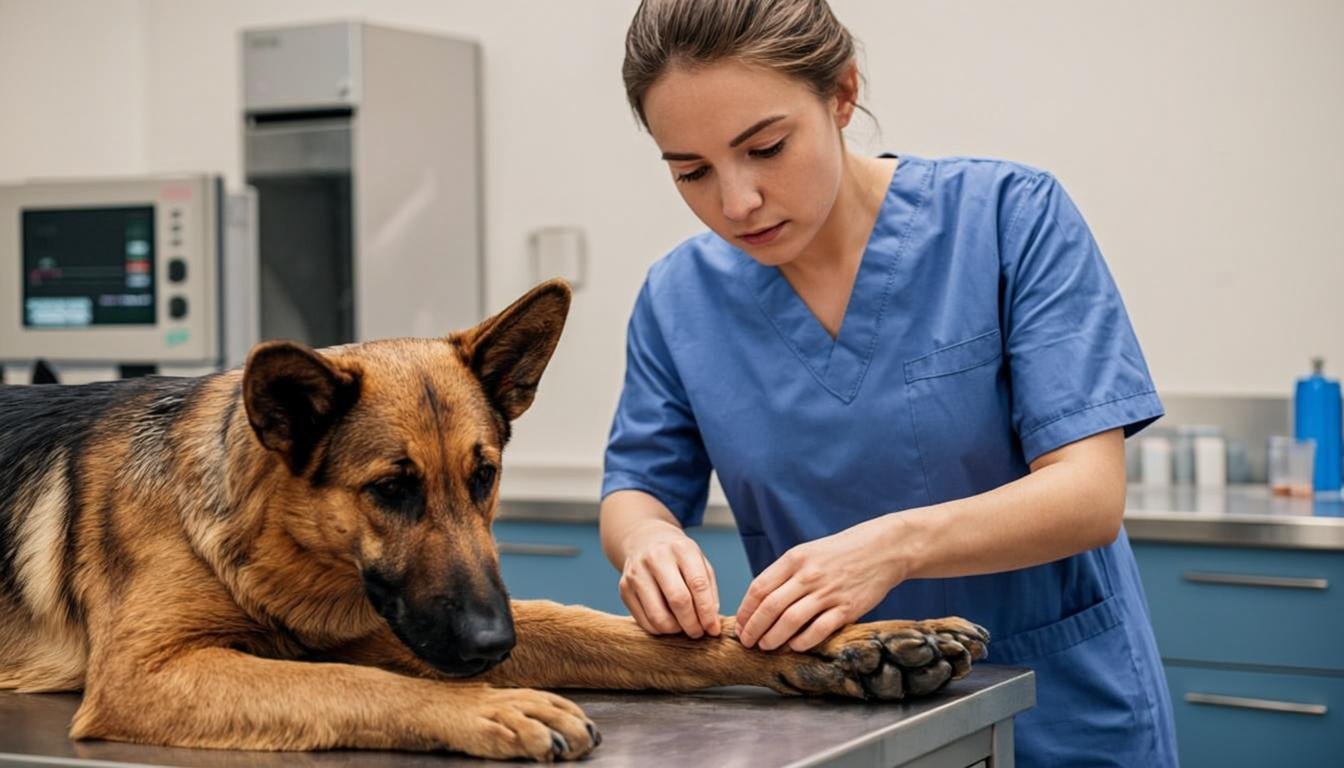 German Shepherd Degenerative Myelopathy: 7 Signs & Care 1 Veterinarian examining a German Shepherd's hind paws during a neurological exam for german shepherd degenerative myelopathy
