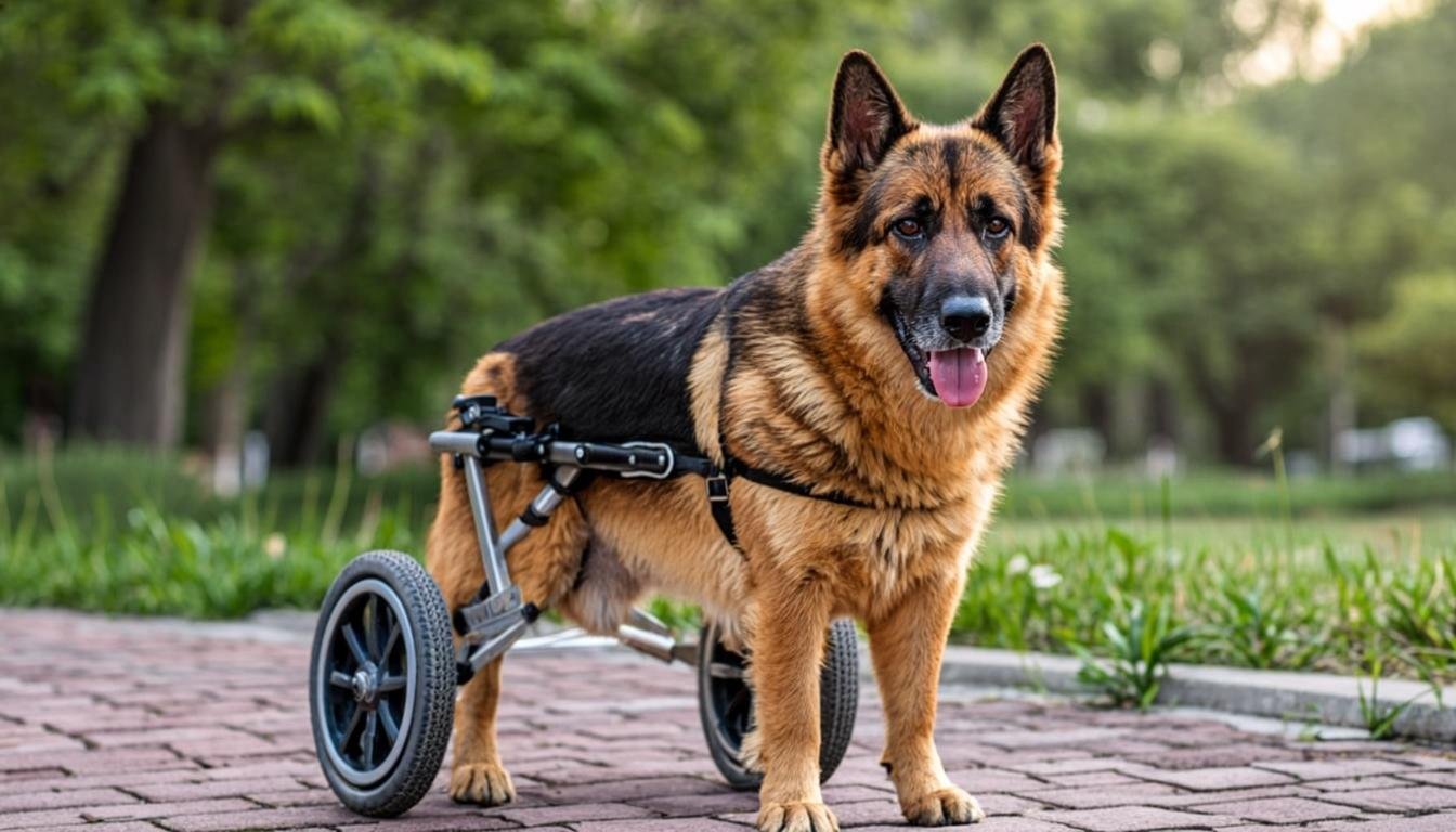 German Shepherd Degenerative Myelopathy: 7 Signs & Care 2 German Shepherd walking happily in a rear-support wheelchair despite german shepherd degenerative myelopathy