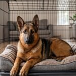 German Shepherd resting calmly on a bed inside an open crate, proof that german shepherd crate training works