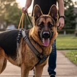 German Shepherd walking on a loose leash in a padded no-pull harness, an example of the best harness for German Shepherds