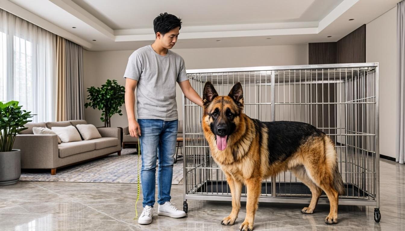 Owner measuring an adult German Shepherd beside a 48-inch wire crate for correct german shepherd crate training size
