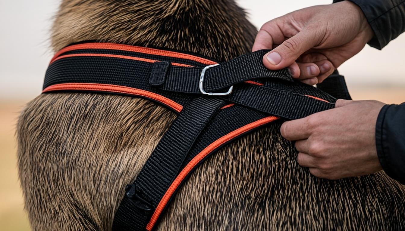 Hands fitting a padded Y-front harness showing the front clip ring on a German Shepherd