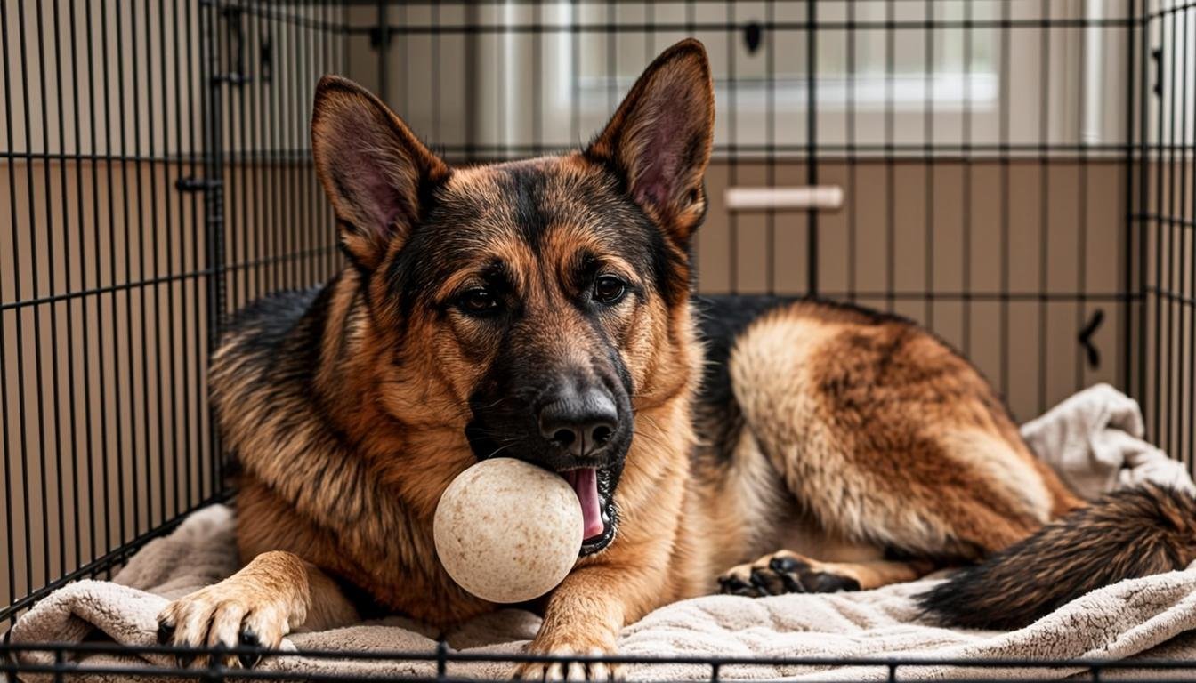 German Shepherd chewing a stuffed rubber toy inside its crate during german shepherd crate training
