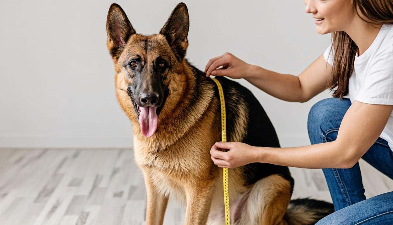 Owner measuring chest girth behind the front legs with a soft tape to size the best harness for German Shepherds