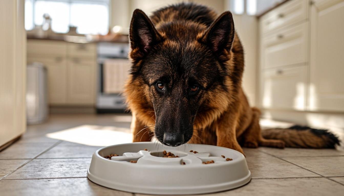 German Shepherd Bloat: 9 Easy Signs & Prevention Steps 1 German Shepherd eating slowly from a maze slow feeder bowl to prevent german shepherd bloat