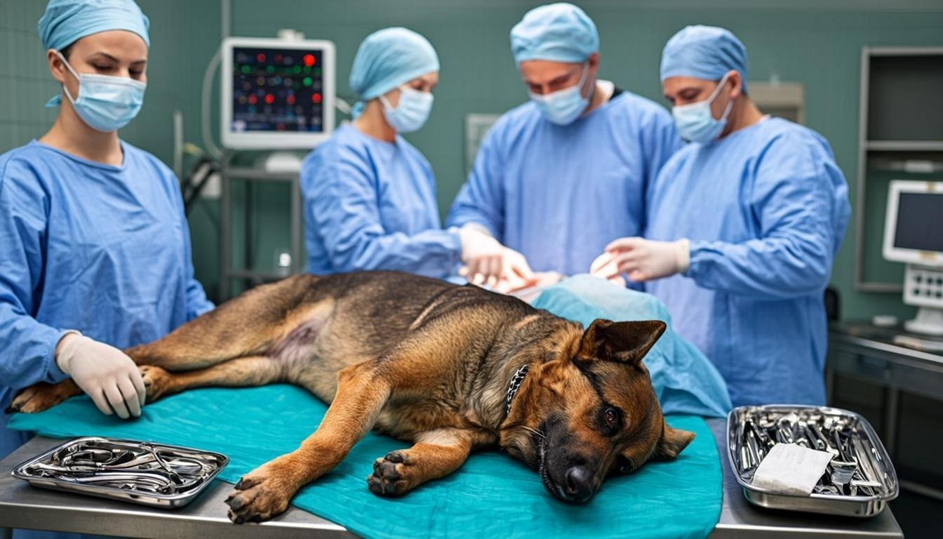 German Shepherd Bloat: 9 Easy Signs & Prevention Steps 2 German Shepherd prepared for emergency german shepherd bloat surgery in a veterinary operating room