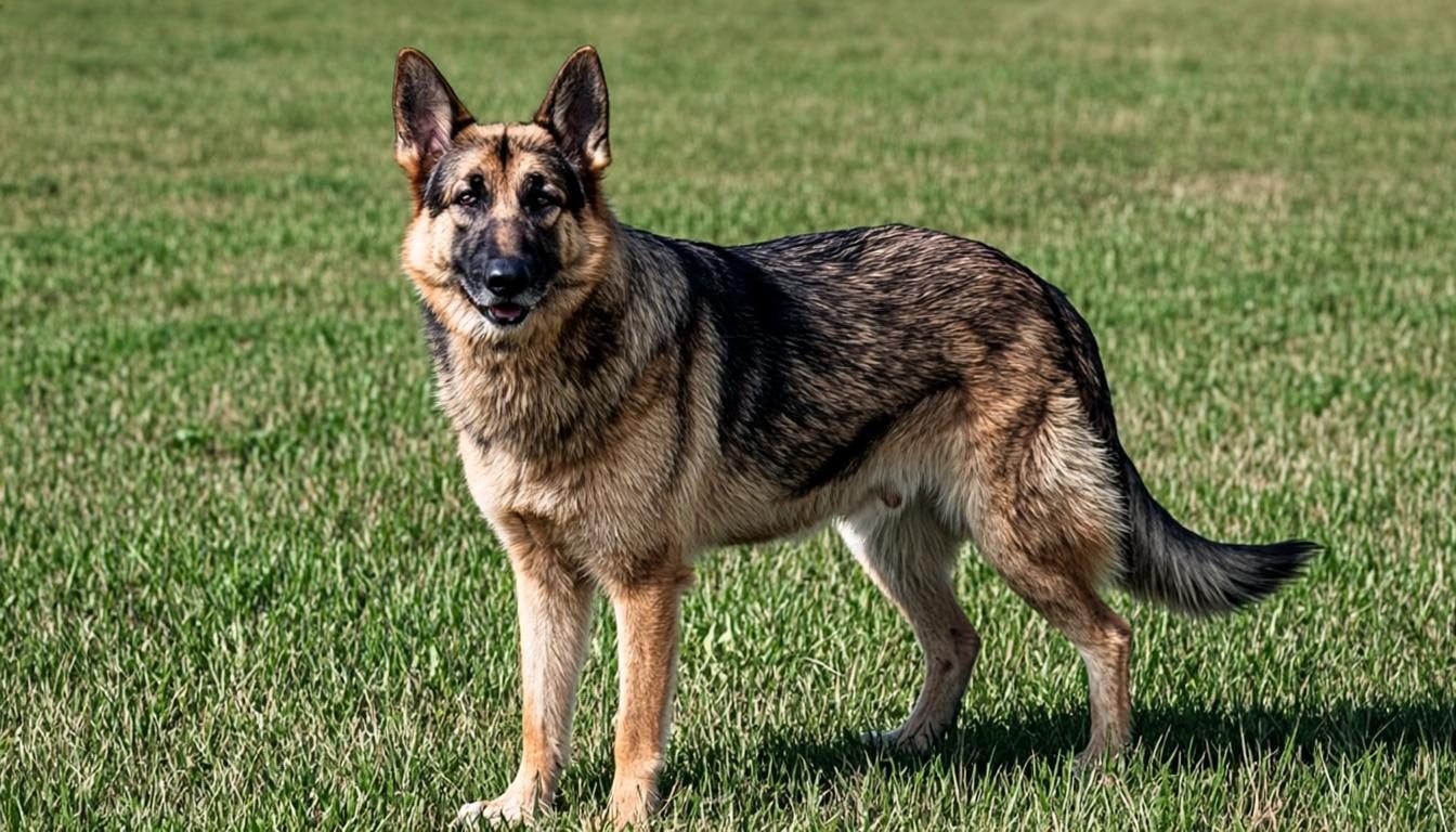 Australian German Shepherd mix with a merle and tan coat standing on grass