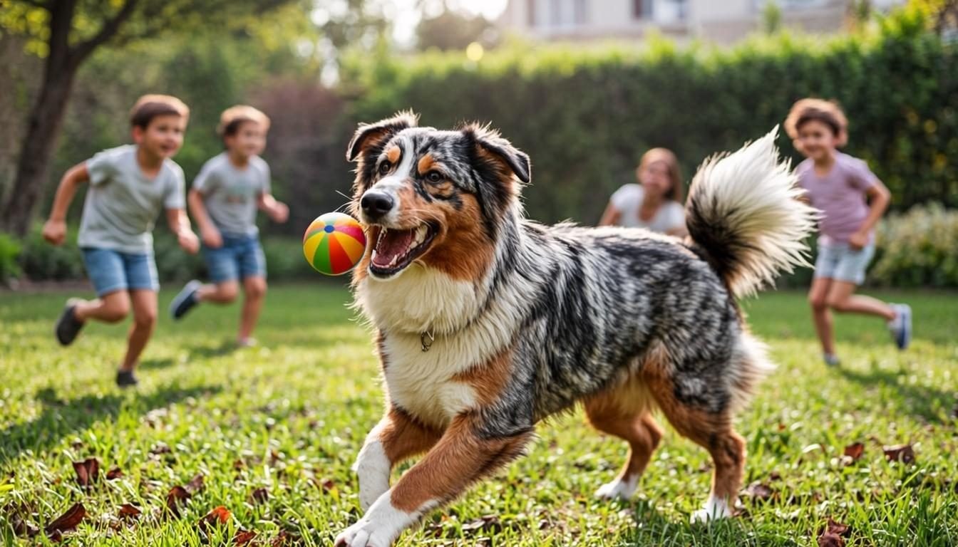 Australian German Shepherd playing fetch with a family in the yard