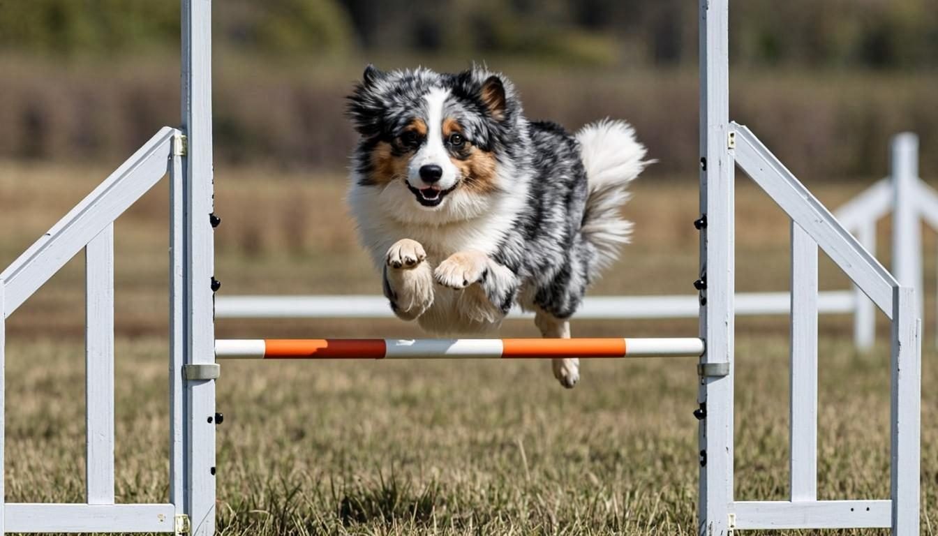 Australian German Shepherd clearing an agility hurdle in training