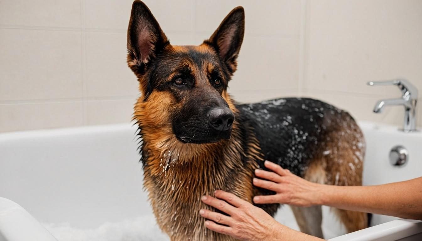How often should you bathe a German Shepherd — a calm adult lathered with oatmeal shampoo in a tub