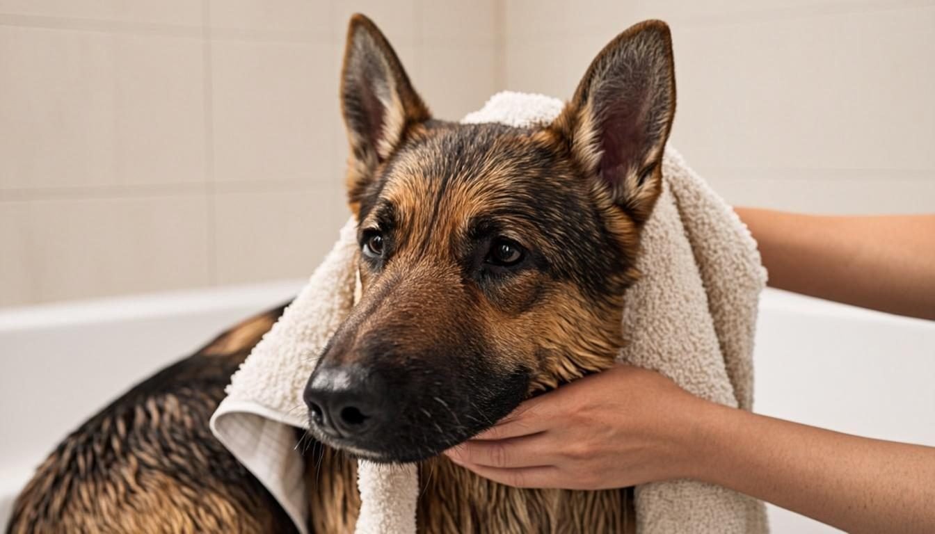 Senior German Shepherd being towel-dried gently after a warm bath