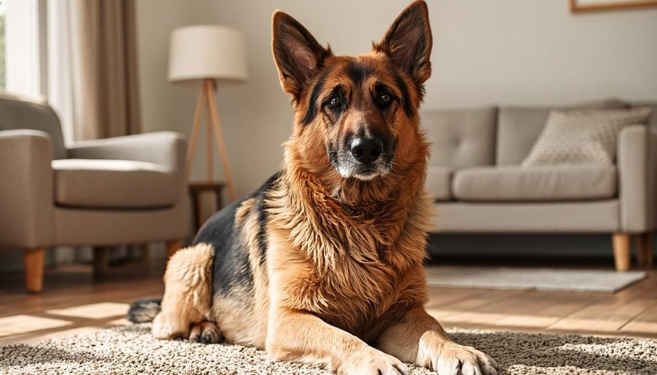 Fresh clean German Shepherd with a glossy coat relaxing after bath time