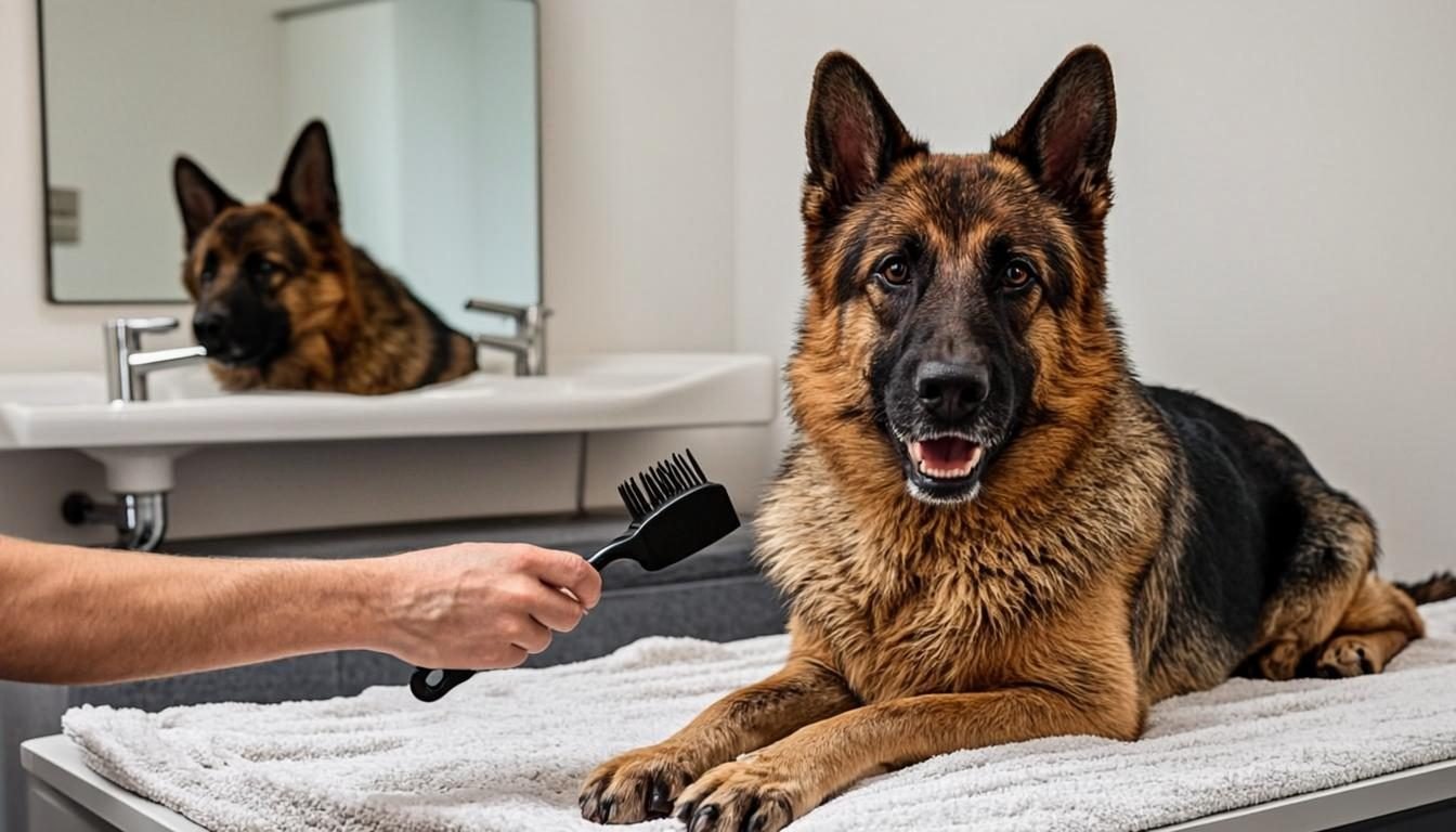 Owner brushing a dry German Shepherd coat after a bath — post-bath grooming keeps the double coat healthy