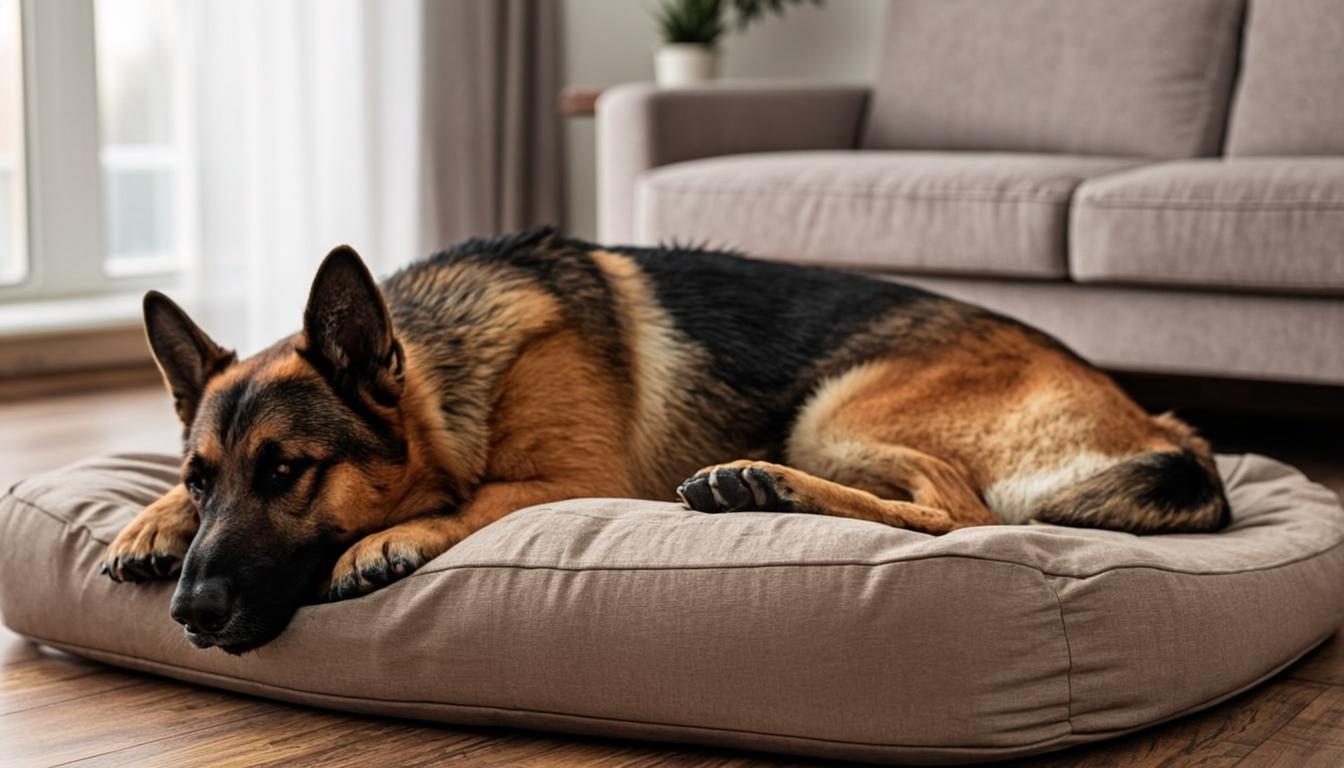 German Shepherd sleeping stretched out on a large orthopedic dog bed