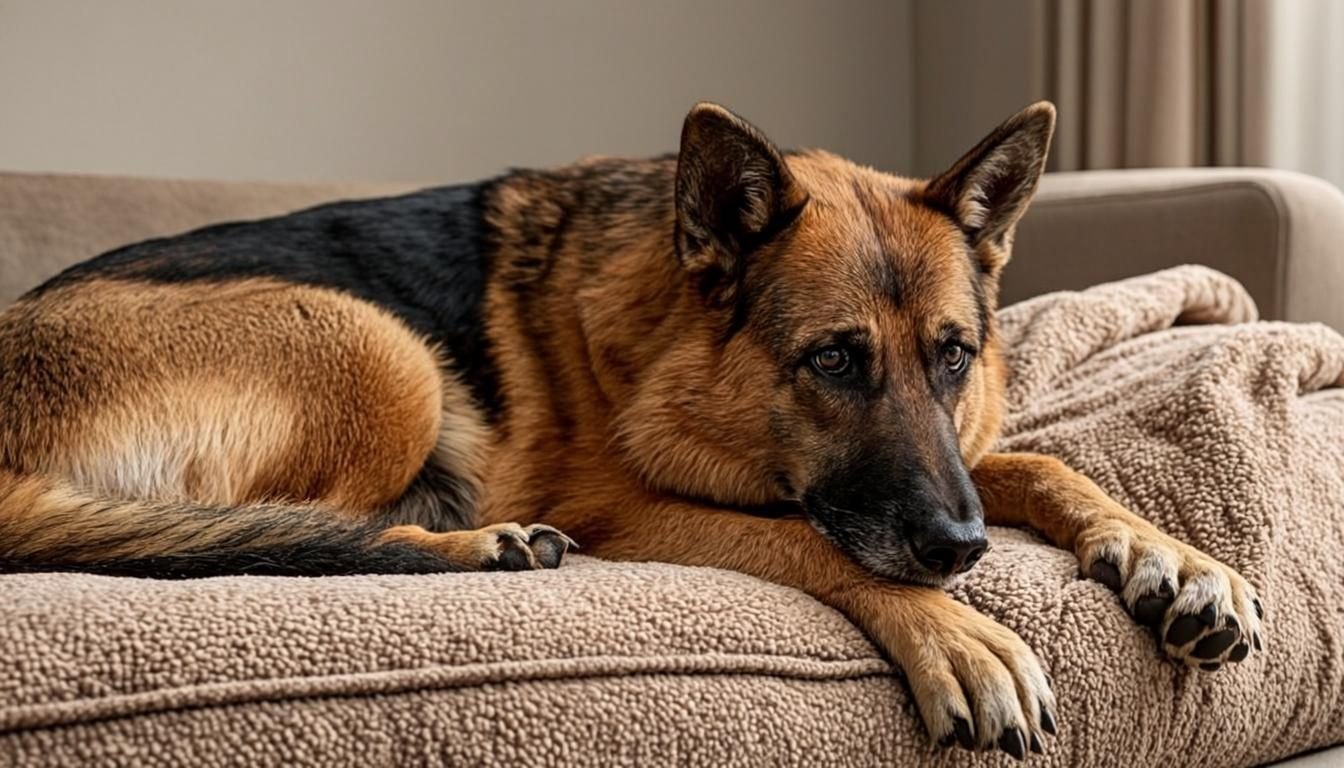 Senior German Shepherd resting on an orthopedic dog bed with bolsters