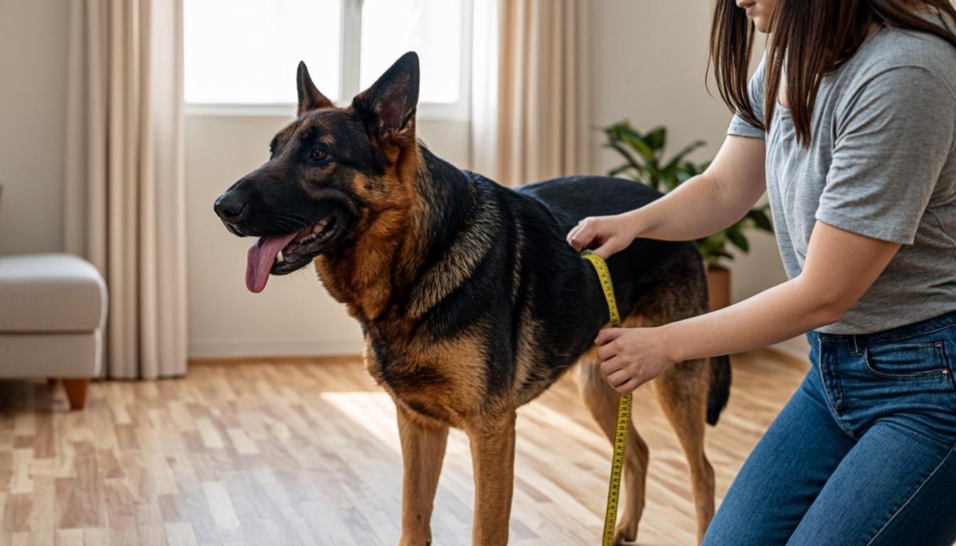 Owner measuring a German Shepherd from chest to tail base with a soft tape to size a dog crate