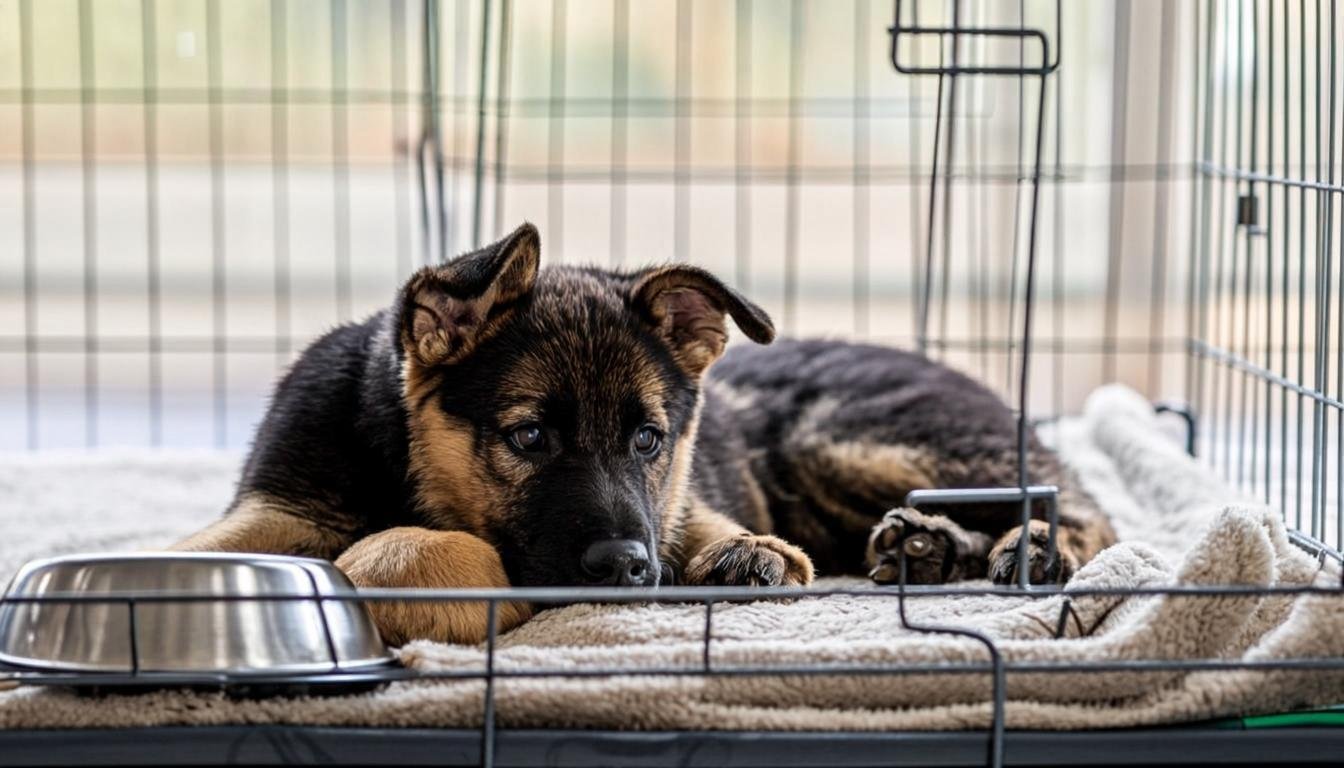 German Shepherd puppy lying relaxed on bedding inside a large wire crate with divider panel and water bowl