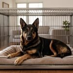 German Shepherd resting calmly on a bed inside a large heavy-duty steel dog crate with the door open