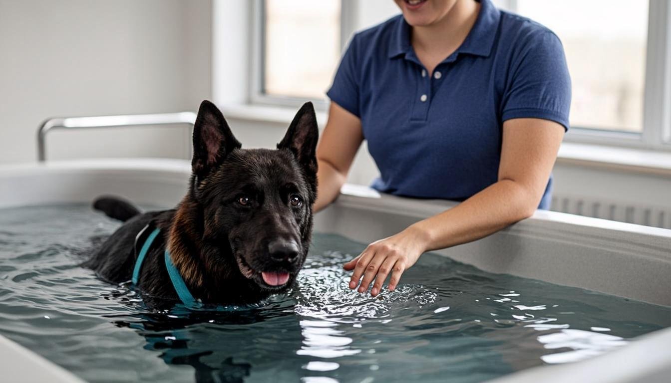 German Shepherd swimming in an indoor canine hydrotherapy pool guided by a therapist