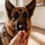 German Shepherd taking a golden joint supplement chew from an owner's hand in a sunlit kitchen