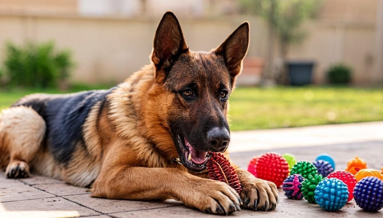 The Best Products for German Shepherds: 2026 Reviews & Comparisons 2 The Best Products for German Shepherds - GSD chewing a durable rubber toy on a patio
