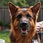 Best shampoo for German Shepherd - bathing a German Shepherd's thick double coat outdoors