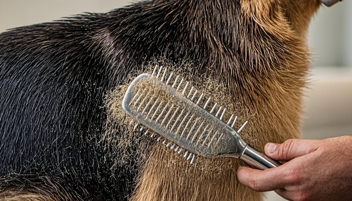 Slicker brush gliding through a German Shepherd's dense double coat