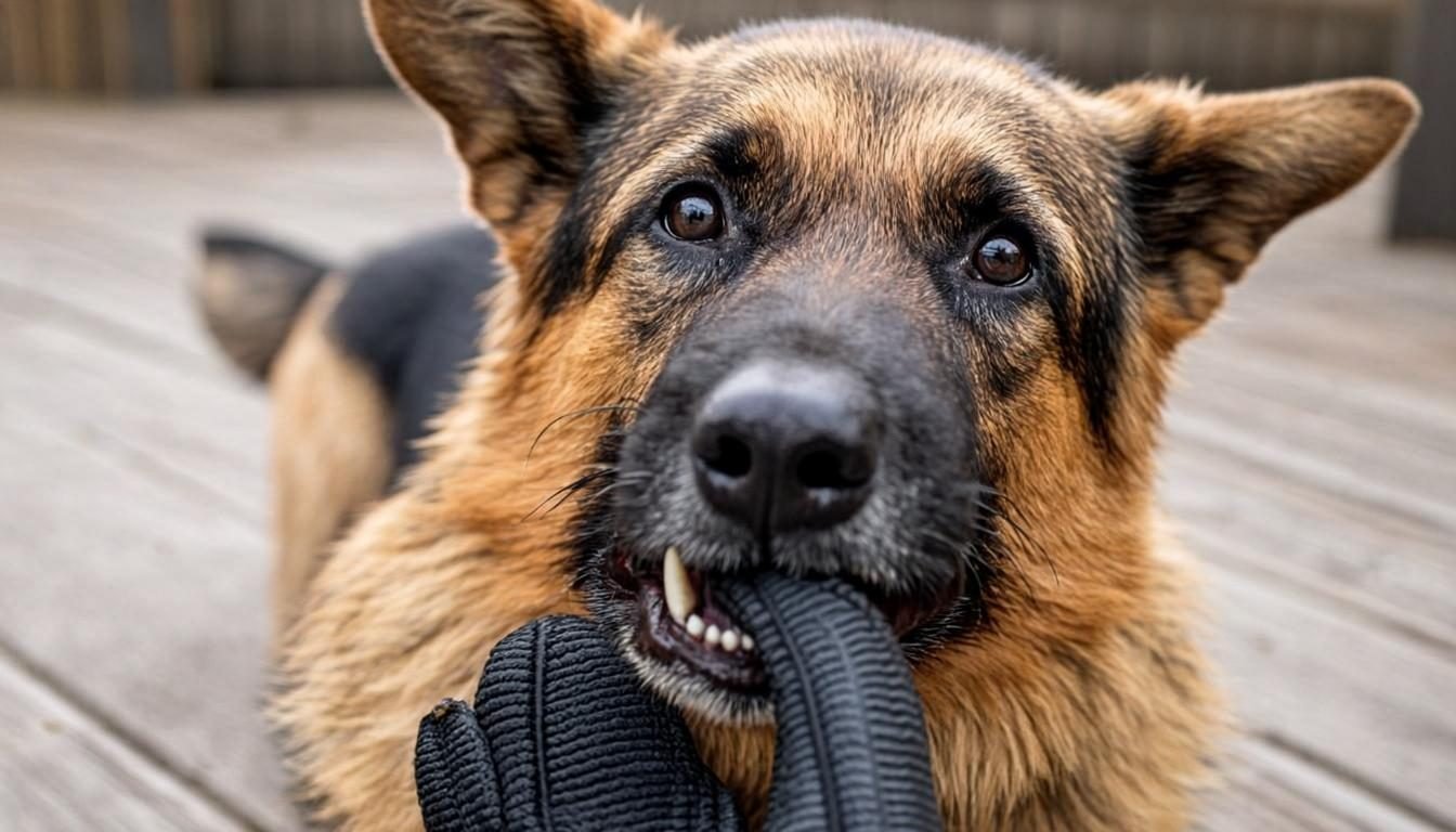 German Shepherd chewing a durable rubber chew toy on a patio
