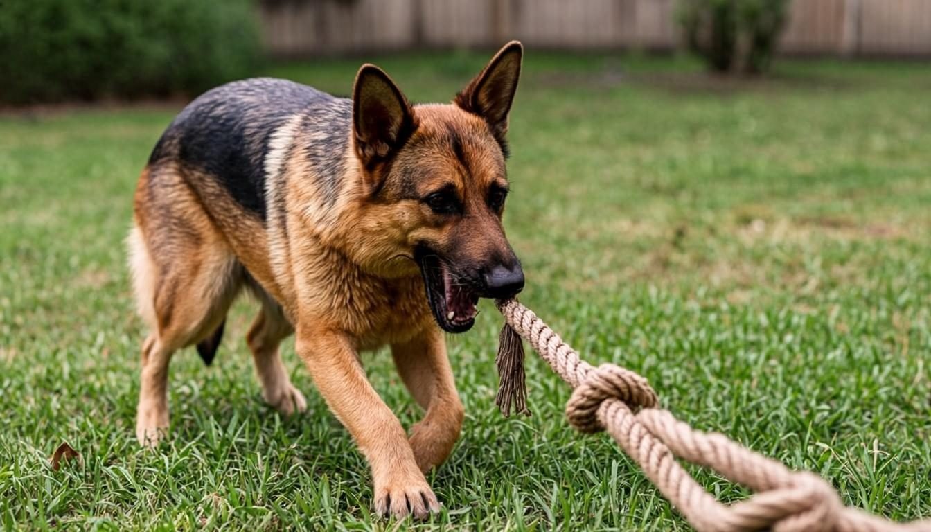 German Shepherd playing tug-of-war with a braided rope chew toy