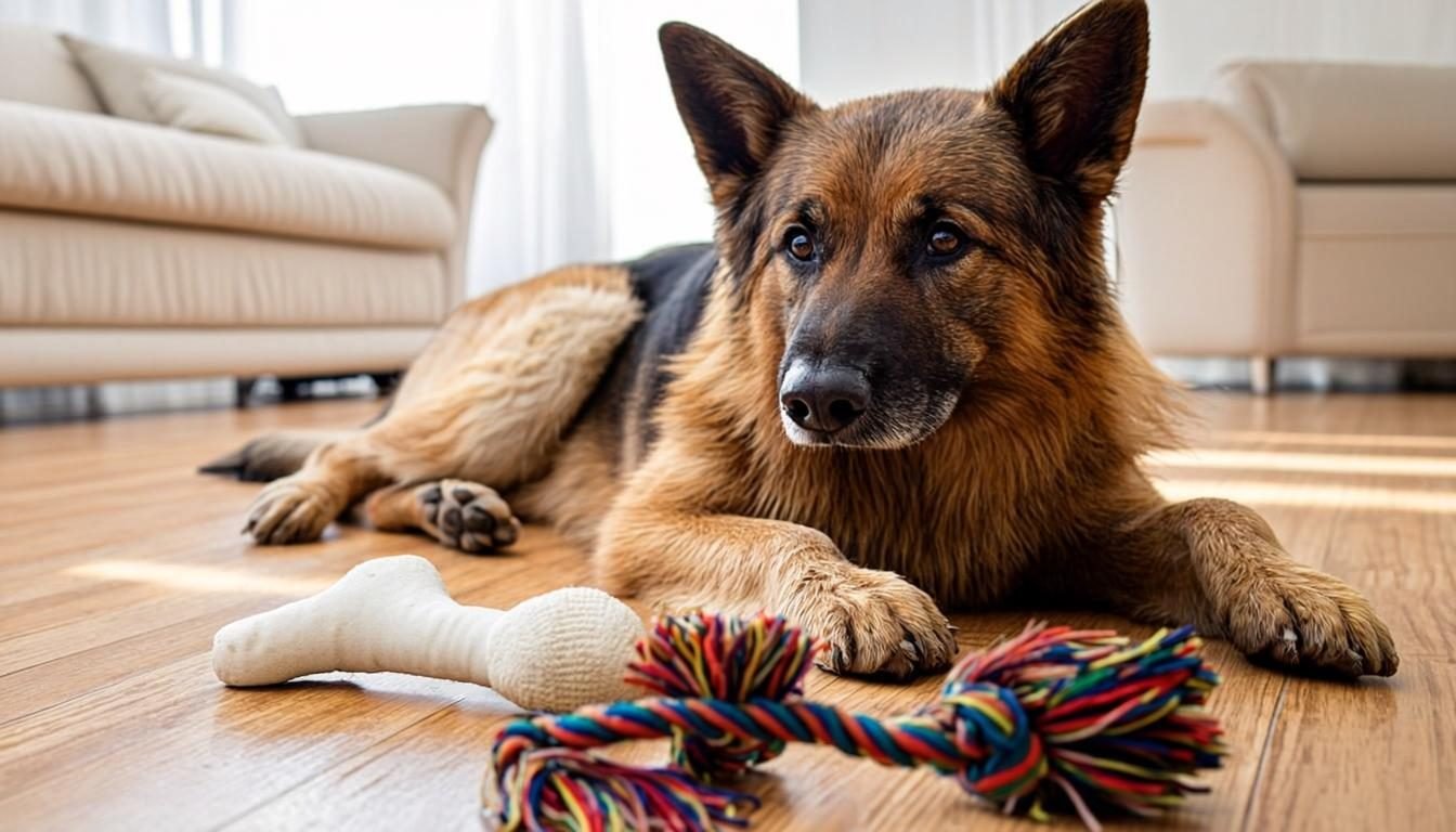 German Shepherd resting beside a selection of tough chew toys