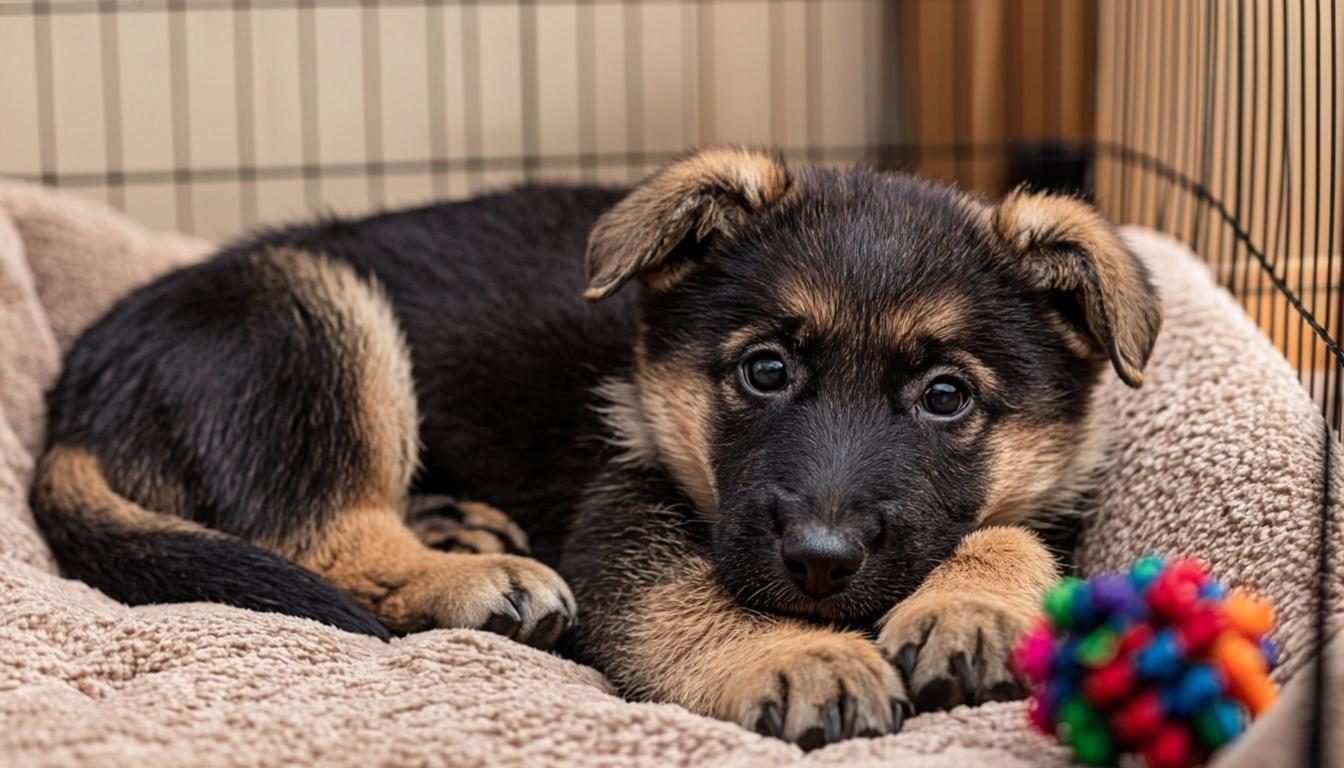 German Shepherd puppy in a crate with a blanket and chew toy